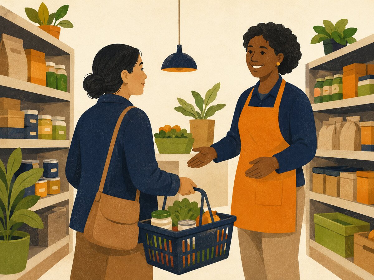 Illustration of a shopper with a grocery cart being welcomed by a smiling volunteer in a market aisle