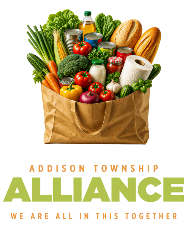 Addison Township Alliance crest: a grocery bag of fresh food above the motto We Are All In This Together